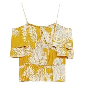 Zara Blouse Womens Small Yellow Tropical Floral Ruffle Off Shoulder Boho Top